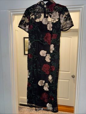 Black Floral Embroidered Midi Dress with Red and Cream Roses